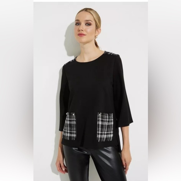 Joseph Ribkoff Tops - Joseph Ribkoff Black Drop Shoulder 3/4 Sleeves Top Size 10, Plaid Pockets